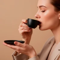 TRIBECA MINI, Set aus zwei Keramiktassen für Espresso mit Untertassen, 2 x 90 ml, Schwarz