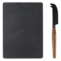 UMAMI, slate stone serving platter and cheese knife with wooden handle, 2/1, brown