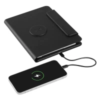 GLOBAL 2IN1, magnetic, portfolio case with a5 notebook, power bank 5.000 mah, wireless charger for two devices in a gift box black