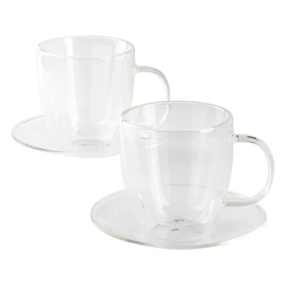 PIGNA MIDI, two double wall glass cappuccino cups with saucers in a set, 2 x 150 ml, transparent