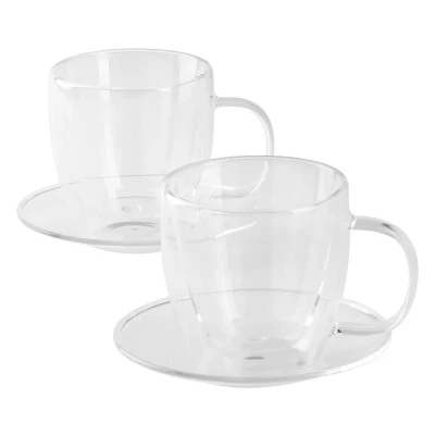 PIGNA MINI, two double wall glass espresso cups with saucers in a set, 2 x 100 ml, transparent