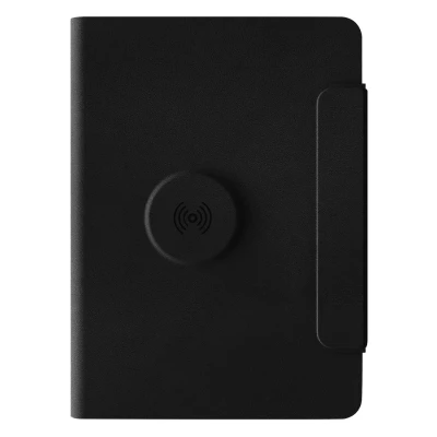 GLOBAL 2IN1, magnetic, portfolio case with a5 notebook, power bank 5.000 mah, wireless charger for two devices in a gift box black