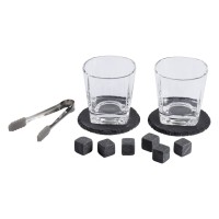 REBEL, glasses, slate coasters and granite ice cubes in a wooden box, 11/1, beige