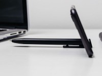 HALTER, plastic "touch" ball pen with mobile phone holder, metallic black