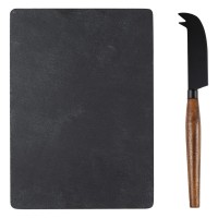 UMAMI, slate stone serving platter and cheese knife with wooden handle, 2/1, brown