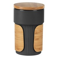 LARS, stoneware mug with bamboo lid and holder, 340 ml, black