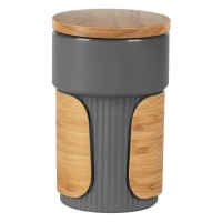 LARS, stoneware mug with bamboo lid and holder, 340 ml, dark gray