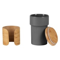 LARS, stoneware mug with bamboo lid and holder, 340 ml, dark gray
