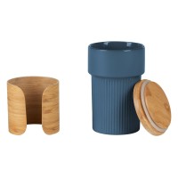 LARS, stoneware mug with bamboo lid and holder, 340 ml, blue