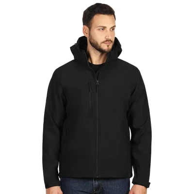 PROTECT MEN, Unisex softshellJacke mit abnehmbarer Kapuze, Schwarz