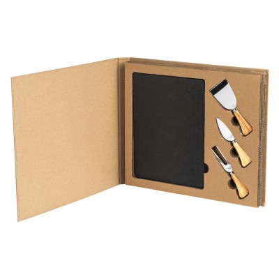 SLATE, slate stone serving platter and cheese knives with wooden handles, 4/1, beige