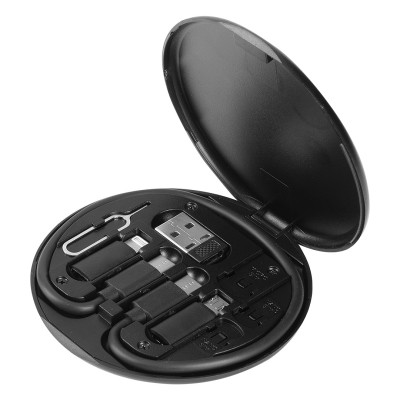 STOCK, plastic box with adapters and mobile phone stand, black